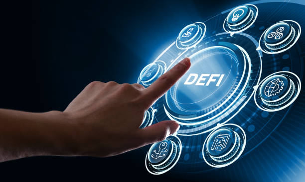 DeFi -Decentralized Finance on dark blue abstract polygonal background. Concept of blockchain, decentralized financial system stock photo