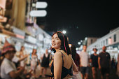 Thailand, travel, vacation, hipster, lifestyle, city, young woman, excitement, street, night market, market, road, walking, horizontal, one person, lifestyles, nightlife
