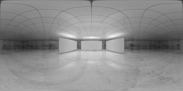 360 degree panorama, empty white room interior 360 degree spherical seamless vr panorama. Abstract empty white interior with three stands installation, HDRI environment map of an exhibition gallery with walls made of concrete. 3d illustration high dynamic range imaging stock pictures, royalty-free photos & images