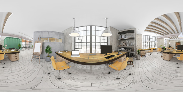 Office interior 360 degree VR panoramic render. Open space with working stations next to the window with daylight. No people.