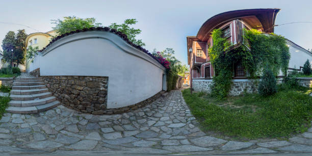 360 degrees panorama of Balabanov house in Plovdiv, Bulgaria stock photo