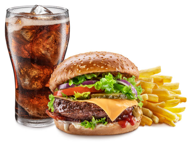 Delicious cheeseburger with cola and potato fries on the white background. Fast food concept. stock photo