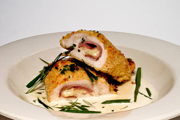 Delicious chicken cordon blue plated and ready to serve stock photo