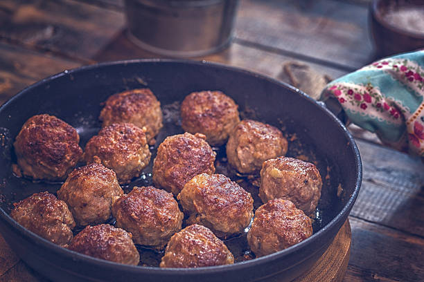 Delicious Roasted Meatballs in a Pan stock photo