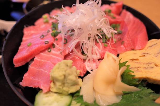 Delicious seafood bowl, Japanese seafood, sushi, tuna, raw fish stock photo