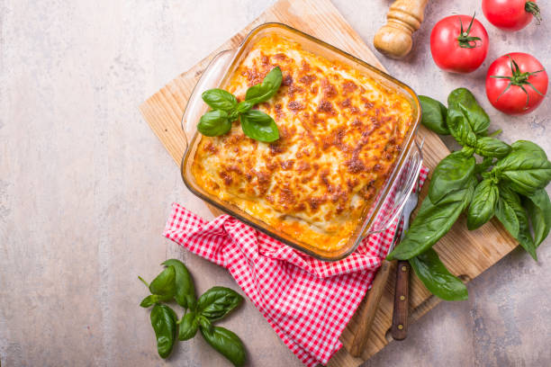 Delicious traditional italian lasagna made with minced beef bolognese sauce stock photo