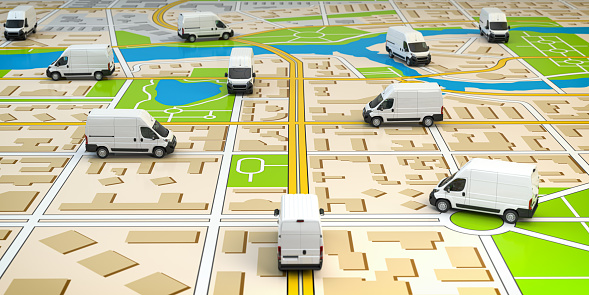 Delivery comercial vans on city map. Fleet of delivery service. 3d illustration