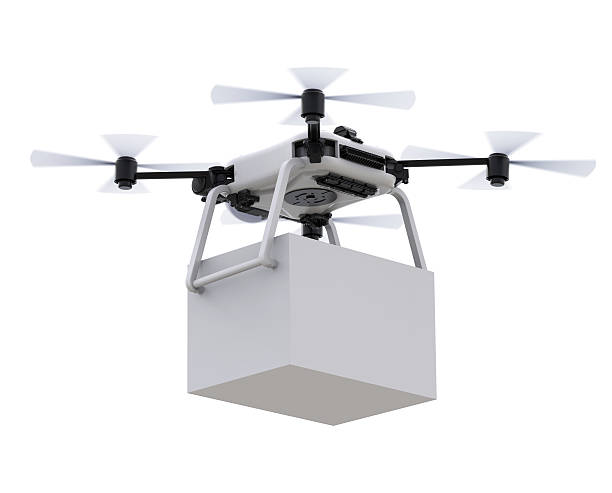 delivery drone with box 3d rendering delivery drone with white box multicopter stock pictures, royalty-free photos & images