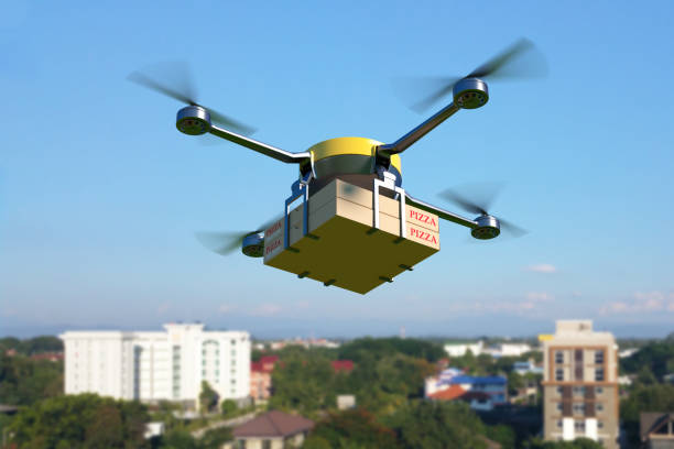 Delivery drone with pizza box. Delivery drone with pizza box. 3D illustration drone food delivery stock pictures, royalty-free photos & images