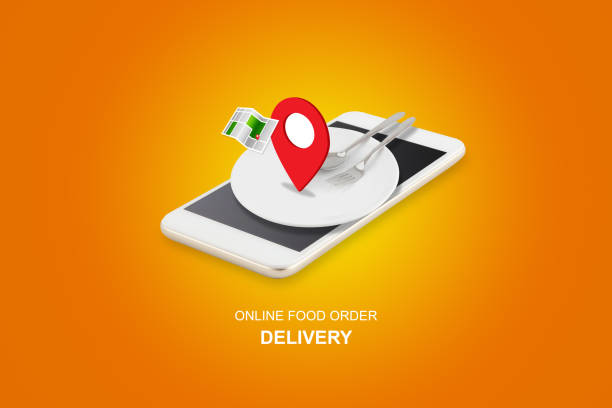 Delivery food order concept, app service online to internet with phone, new normal business and lifestyle, application on smartphone tracking and navigation with fast food, communication and shipping. Delivery food order concept, app service online to internet with phone, new normal business and lifestyle, application on smartphone tracking and navigation with fast food, communication and shipping. restaurant digital branding stock pictures, royalty-free photos & images