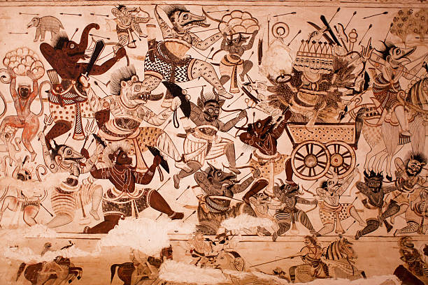 Demons and devils are fighting with gods on the mural stock photo