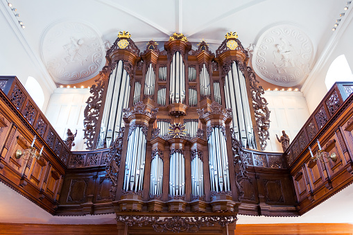 Copenhagen, Denmark - July 22, 2015: The ancient organ in the Holmens church inside
