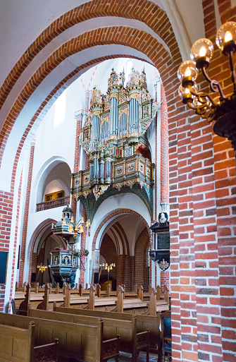 Roskilde, Denmark - July 23, 2015:  The ancient organ of the gotic Cathedral