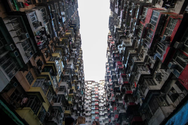 Densed buildings in living quarters in Kowloon, Hong Kong. stock photo