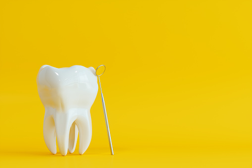 Dental Health Concept With A model Of Premolar Tooth And Angled Mirror On Yellow Background