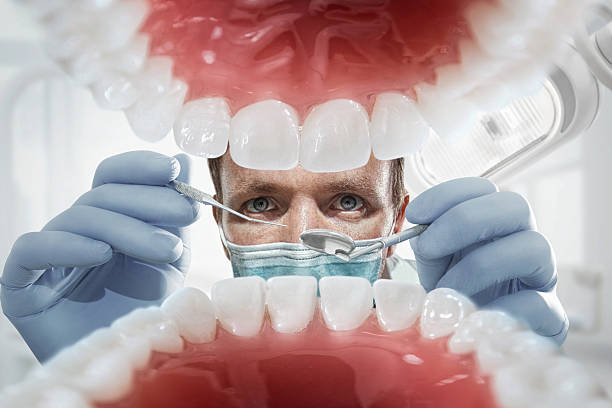 Dentist over open patient's mouth looking in teeth. Inside vew stock photo