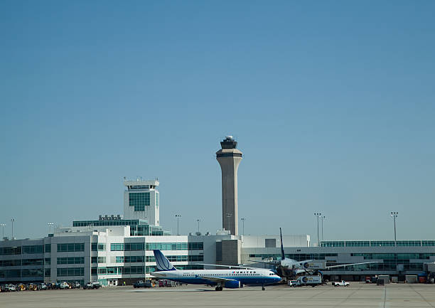 Denver Airport control tower on a sunny morning stock photo