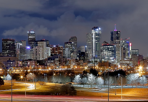 Denver Downtown Panorama At Winter Night Stock Photo