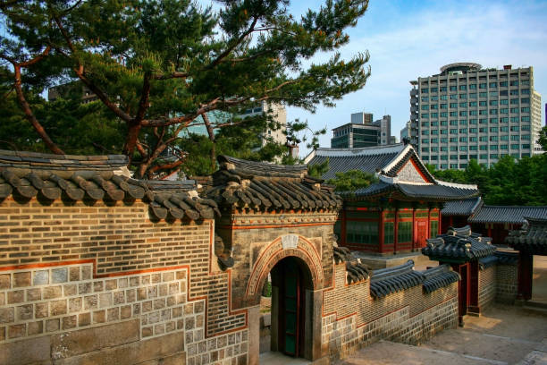 Deoksugung Palace small gate in the surrounding wall, Seoul, South Korea. stock photo