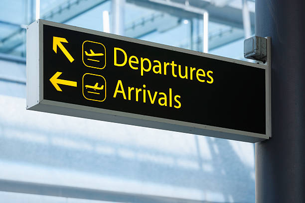 Departures and arrivals Sign pointing the way to Departures and Arrivals at an airport. arrival stock pictures, royalty-free photos & images