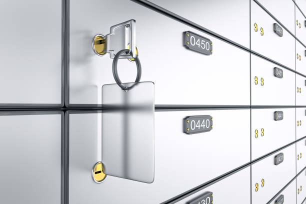 3D deposit boxes with key. Safe lockers stock photo