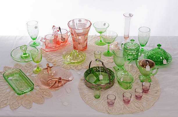 Depression Glass Collection At An Estate Sale stock photo