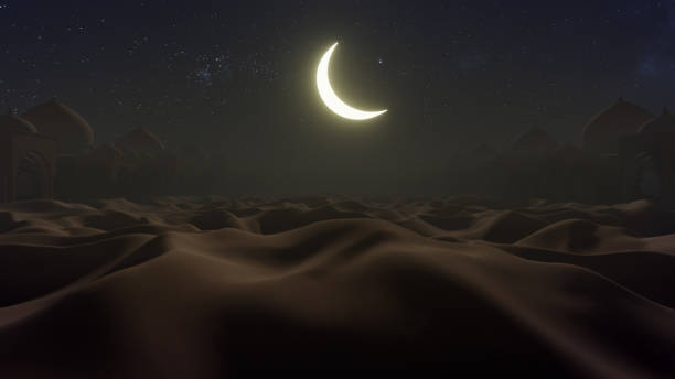 Desert Dune Nighttime In The Ramadan 3D illustration Background for advertising and wallpaper in nature and advertising scene. 3D rendering in decorative concept Islamic civilization stock pictures, royalty-free photos & images