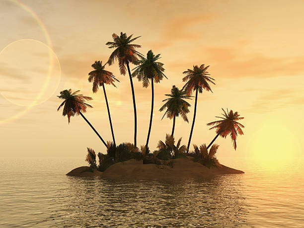 Desert Island A high-resolution 3D rendered image of an island at sunrise. desert island stock pictures, royalty-free photos & images