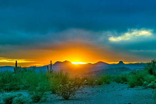Desert landscape with sun on horizon at sunset.