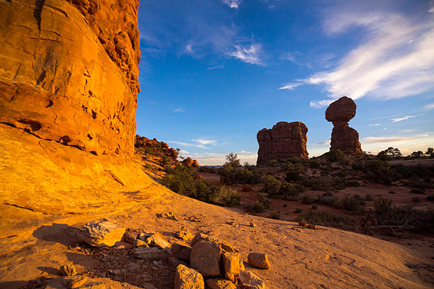 Desert Rock Formations in Arches National Park at Sunset stock photo