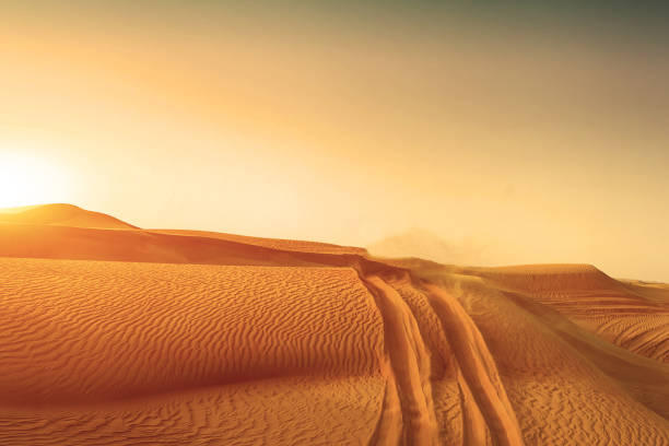 Desert sand dunes road at sunset stock photo