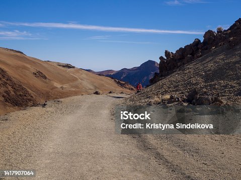 istock desert volcanic landscape with couple of hikers in red clothes walking on road to volcano pico del teide with orange and purple mountain with clear blue sky background 1417907064