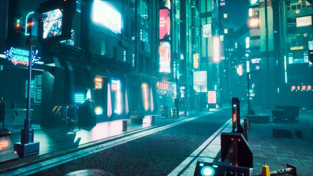 Deserted neon foggy street of the cybercity with dark lonely buildings. View of an future fiction city. 3D Rendering. stock photo