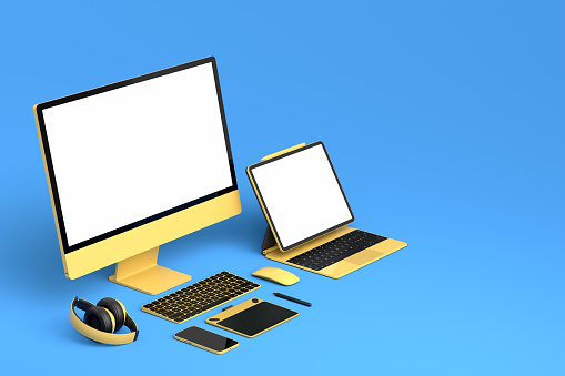 Desktop computer with keyboard, mouse, laptop and headphones on blue background. 3D render of creative designer equipment and compact workspace