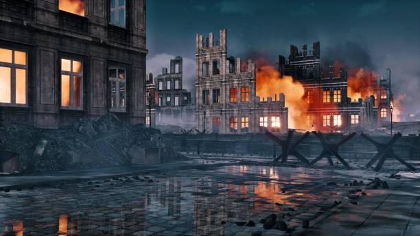 Destroyed after war burning city ruins at night Destroyed after war abandoned european city with street barricade and burning building ruins on a background at night. With no people historical military 3D illustration from my own 3D rendering file. battlefield stock pictures, royalty-free photos & images