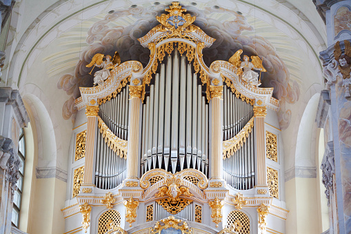 Detail of baroque pipe organ of Frauenkirche Dresden. Made by Gottfried Silbermann in 17th century and restored in 2005