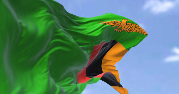 Detail of the national flag of Zambia waving in the wind on a clear day. stock photo