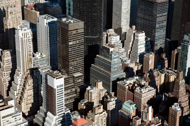 Detailed aerial shot of famous New York skyscrapers, Manhattan, NYC, USA stock photo