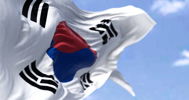 Detailed close up of the national flag of South Korea waving in the wind on a clear day stock photo