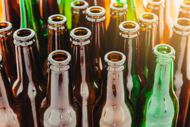 Detailed plan of empty glass bottles stock photo