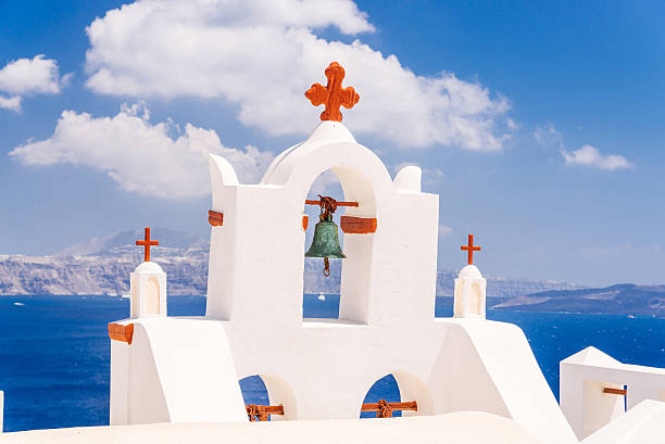 Details of a church in Oia village, Santorini, Greece stock photo