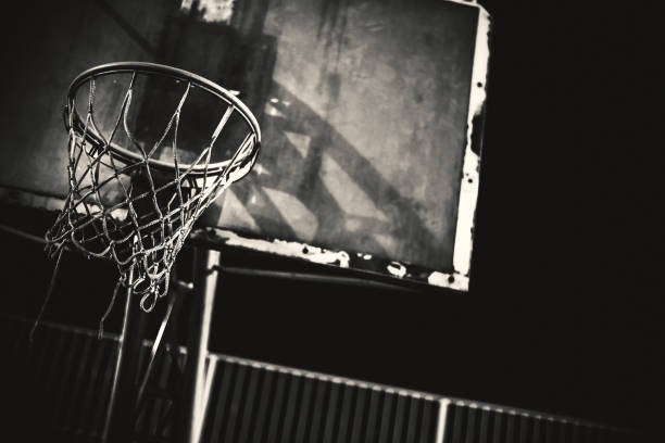 Details of Basketball Hoop at Night stock photo