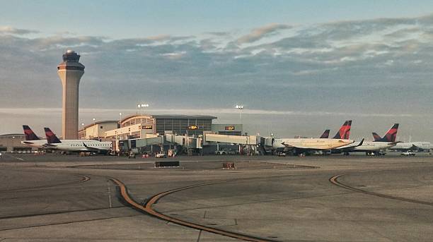 Detroit Airport McNamera Terminal Delta Airlines Planes Parked at Gates stock photo