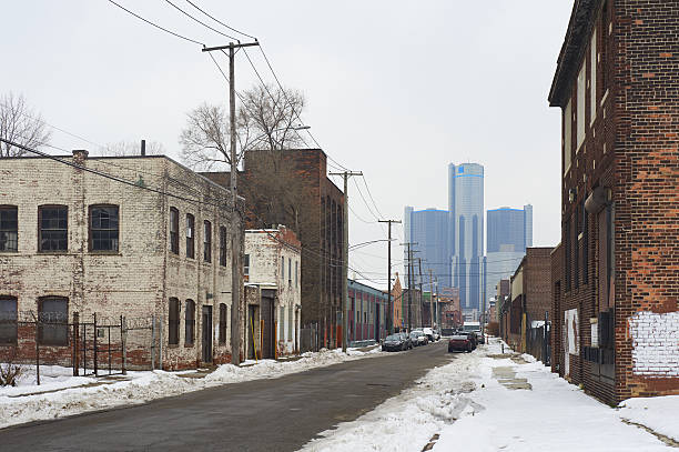Detroit skyscraper with old rustic buildings in the foreground. stock photo