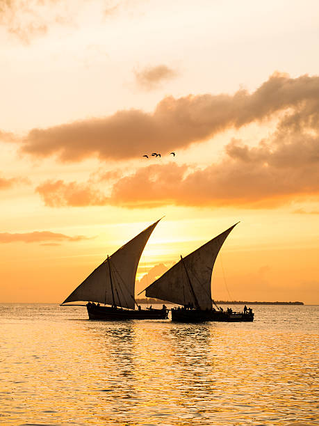 Dhow boats on Indian Ocean close to Zanzibar Colorful vertical photo of two traditional Tanzanian dhow boats on open sea on Indian Ocean close to Stone Town on Zanzibar island, Tanzania in East Africa, at orange sunset. dhow stock pictures, royalty-free photos & images