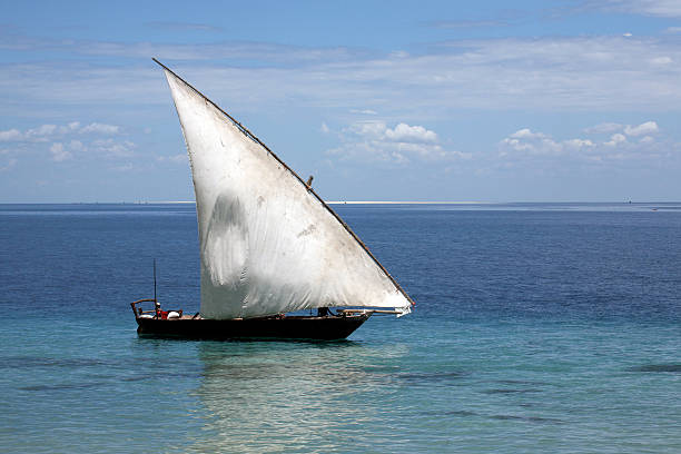 Dhow in Zanzibar "A dhow (traditional arabic boat), off the coastline of Zanzibar, Tanzania." dhow stock pictures, royalty-free photos & images