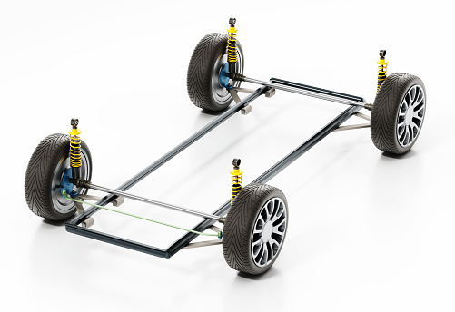 3D diagram showing car shock absorber, tyre and chassis connection.