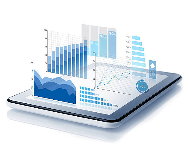 diagrams projecting from tablet - bedrijven financiën en industrie stockfoto's en -beelden