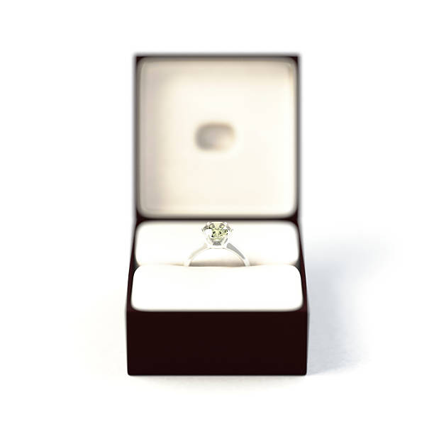 Diamond Ring in Box, on White Background 3D render of a diamond ring in a box, isolated on White Background. Blurred background. High resolution image. Front View. wedding ring box stock pictures, royalty-free photos & images