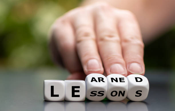 Dice form the expression lessons learned. stock photo